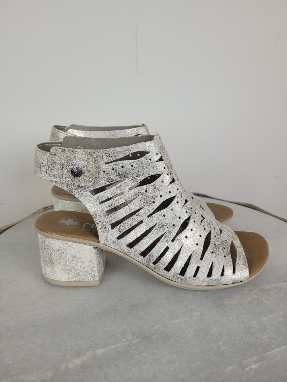 Rieker Size 37 Antistress Metallic Silver Cutout Block Heel Sandals